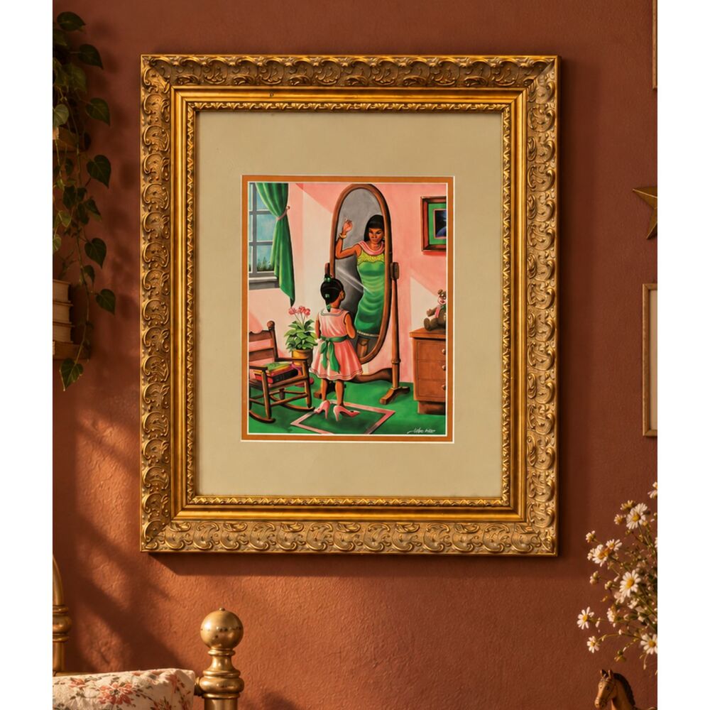 Every Little Girl’s Dream Signed Art Girl Mirror Future Self Ornate Gold Frame